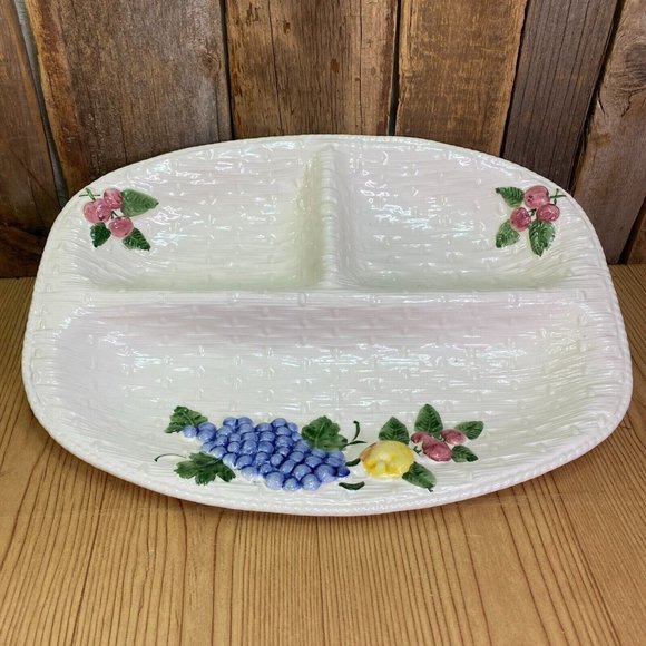 Loucarte Portugal White Basket Weave Sectioned Divided Platter Painted Fruit - Picture 1 of 8